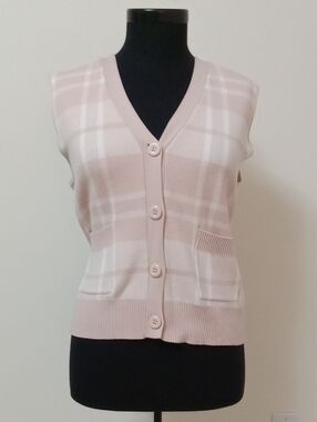 Sioni Pale Pink and White Checked V-Neck Button Front Sweater Vest